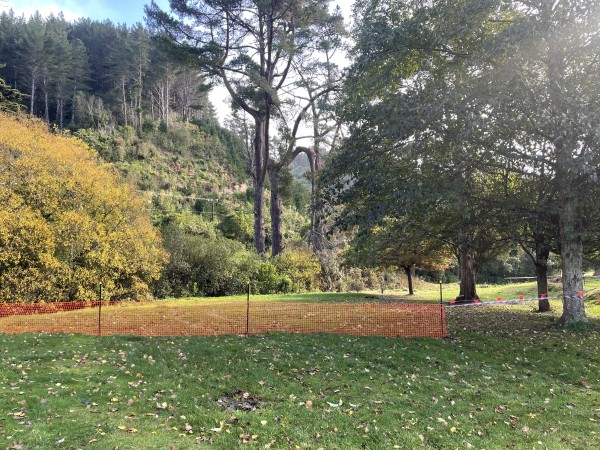 An area of Battle Hill campground fenced of with plastic high-vis fencing
