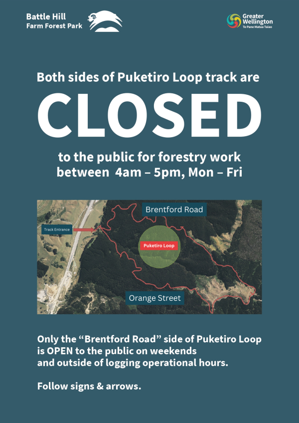 Sign saying Both sides of Puketiro Loop track are CLOSED to the public for forestry work between 4am-5pm, Mon-Fri