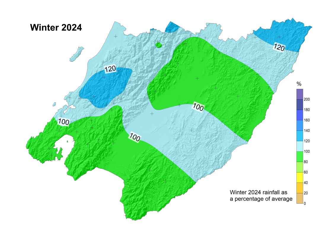 Colour coded map showing amount of rainfall in the region over winter 2024, with higher than average rainfall in parts of Wairarapa