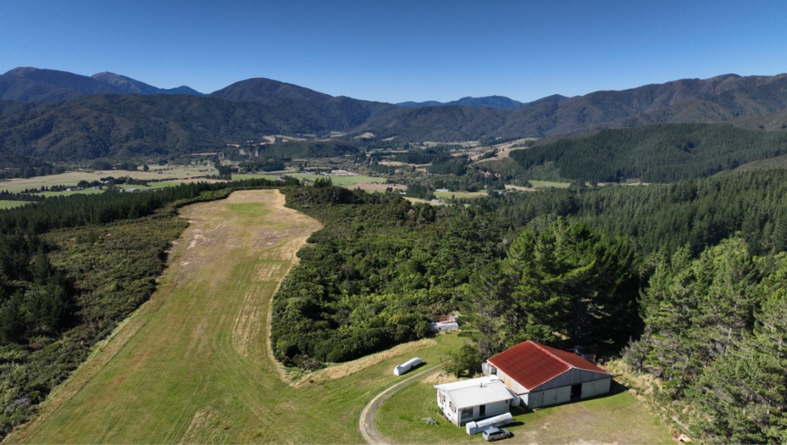 Aerial view of former glider club site and facilities in Pākuratahi Forest Regional Park