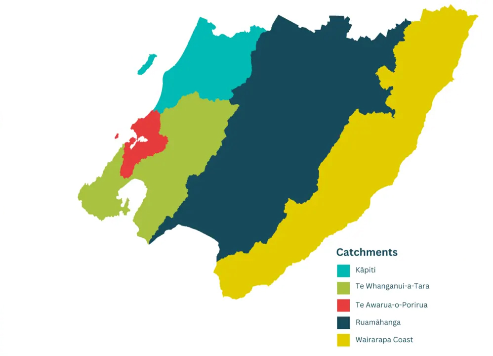 Map showing the boundaries of the five catchments/whaitua in the Wellington Region